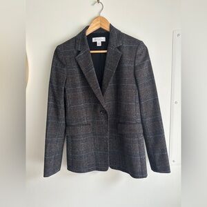 Nordstrom Signature Wool Plaid Blazer Size 6 Black Faux Suede Gray Blue Tan